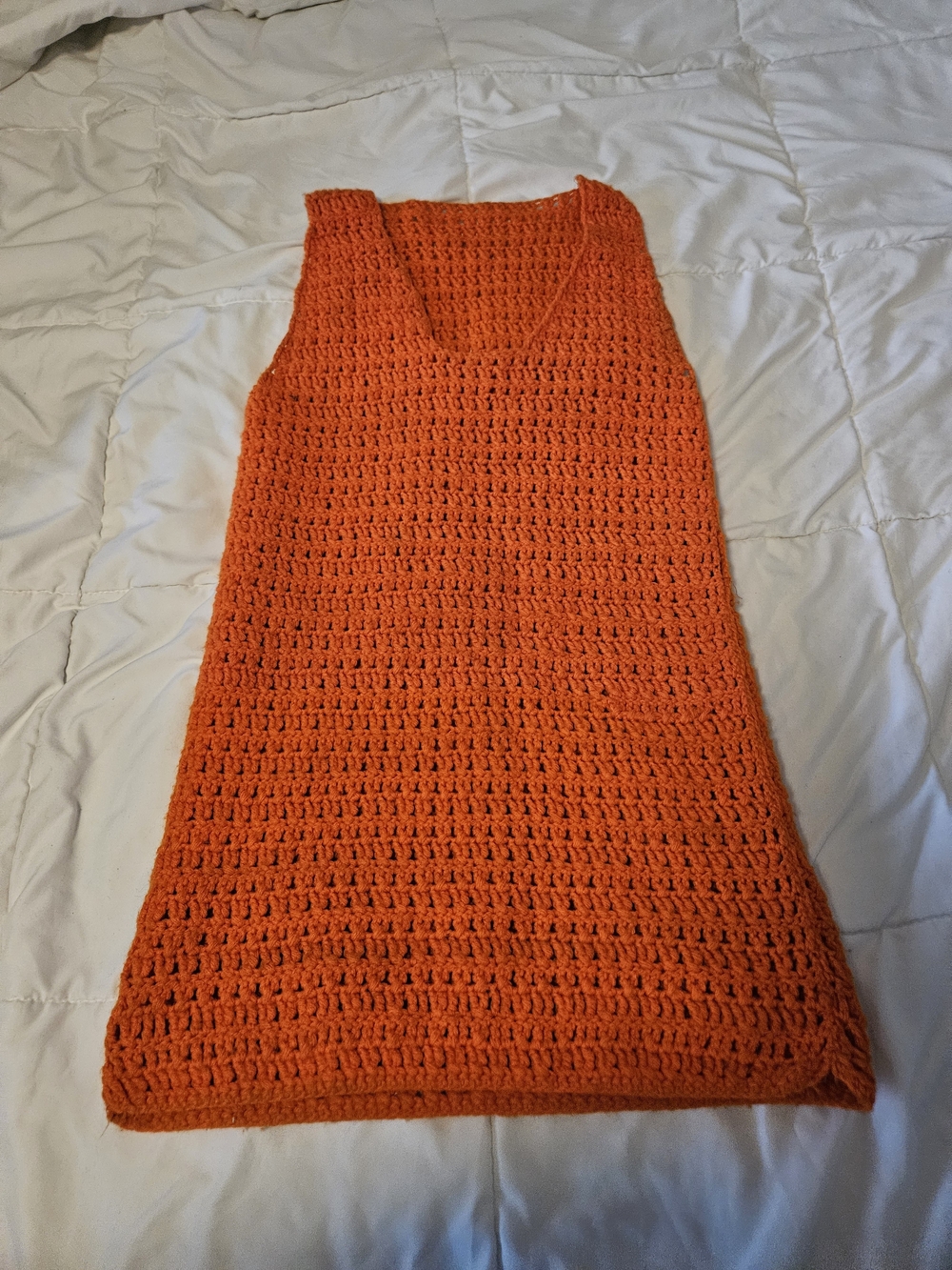 Handmade Orange Crochet Mini Dress - Women's V-Neck